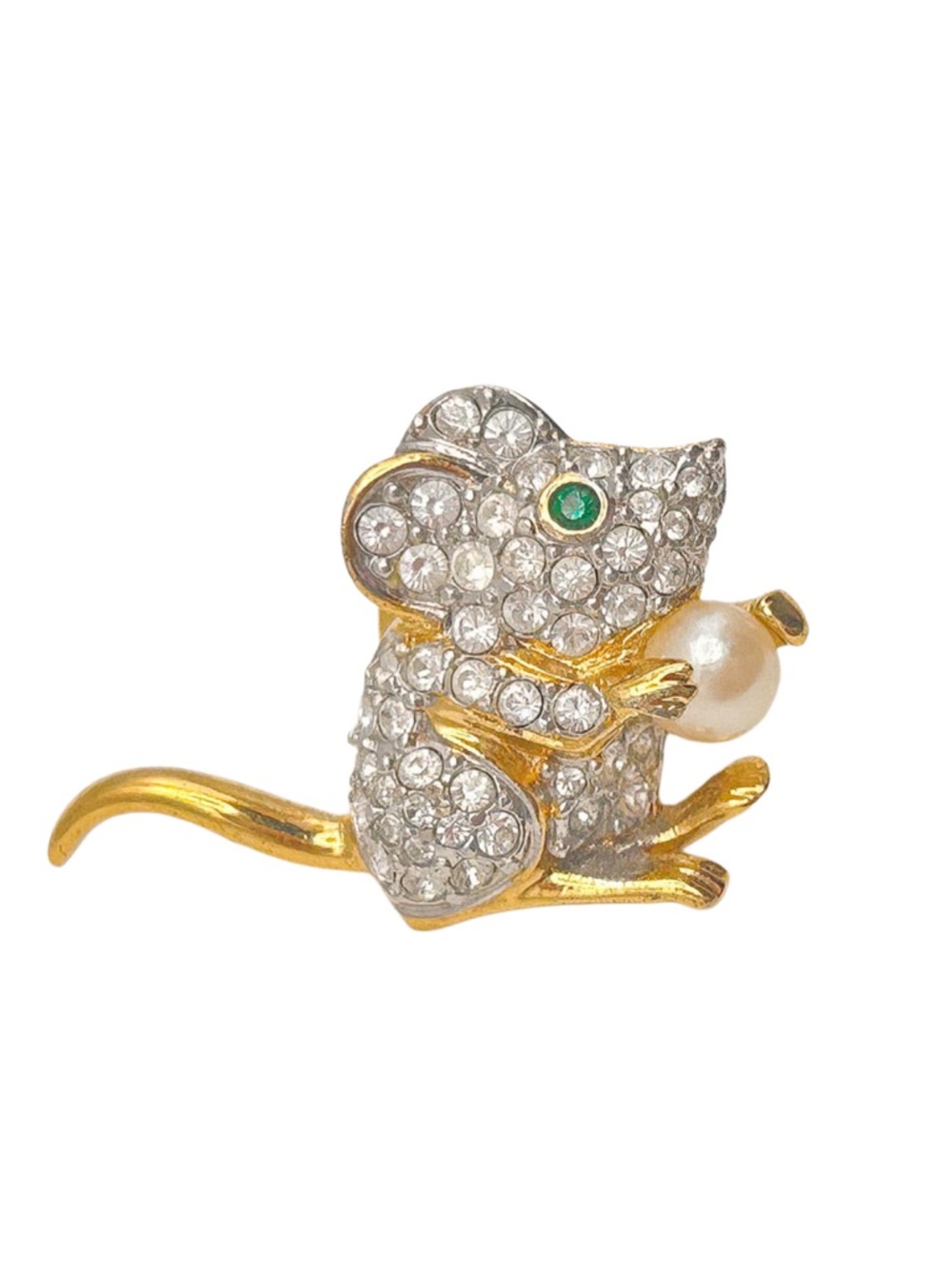Vintage Signed Swarovski Gold Tone Rhinestone Pave Mouse and Pearl Petite Brooch